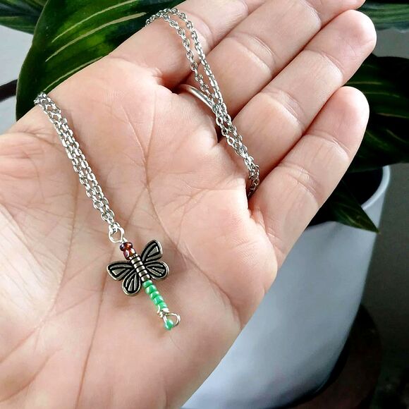 Dainty Dragonfly Necklace, Minimalist Jewelry, Insect Jewelry, 18" - Picture 3 of 4